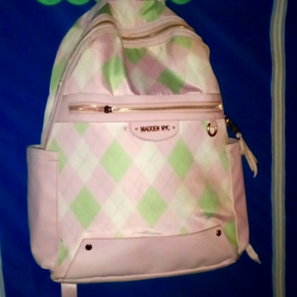 Pink and light green plaid design backpack